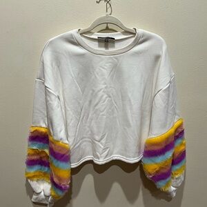 Oversized Cropped Sweatshirt w/Rainbow Faux Fur Sleeves